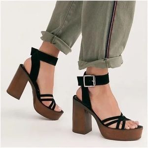 Free People Laney Suede Platform Block Heel Sandals Neutral Tone Size 39 US 8.5